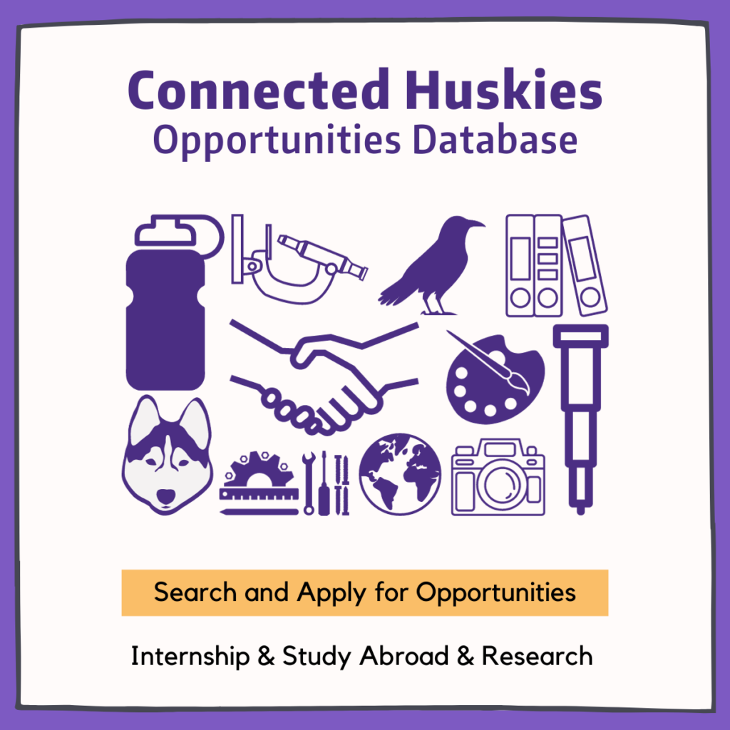 Connected Huskies Opportunities Database graphic with icons showing research. Search and apply for opportunities. Internship and Study Abroad and Research