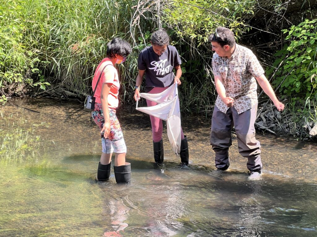 Dr. Jeff Jensen, teaching professor in the School of STEM, at the North Creek Wetland with workshop participants from iUrban Teen.