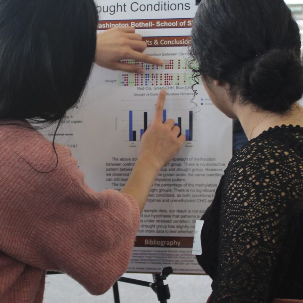 Two students intently discuss the content of a research poster