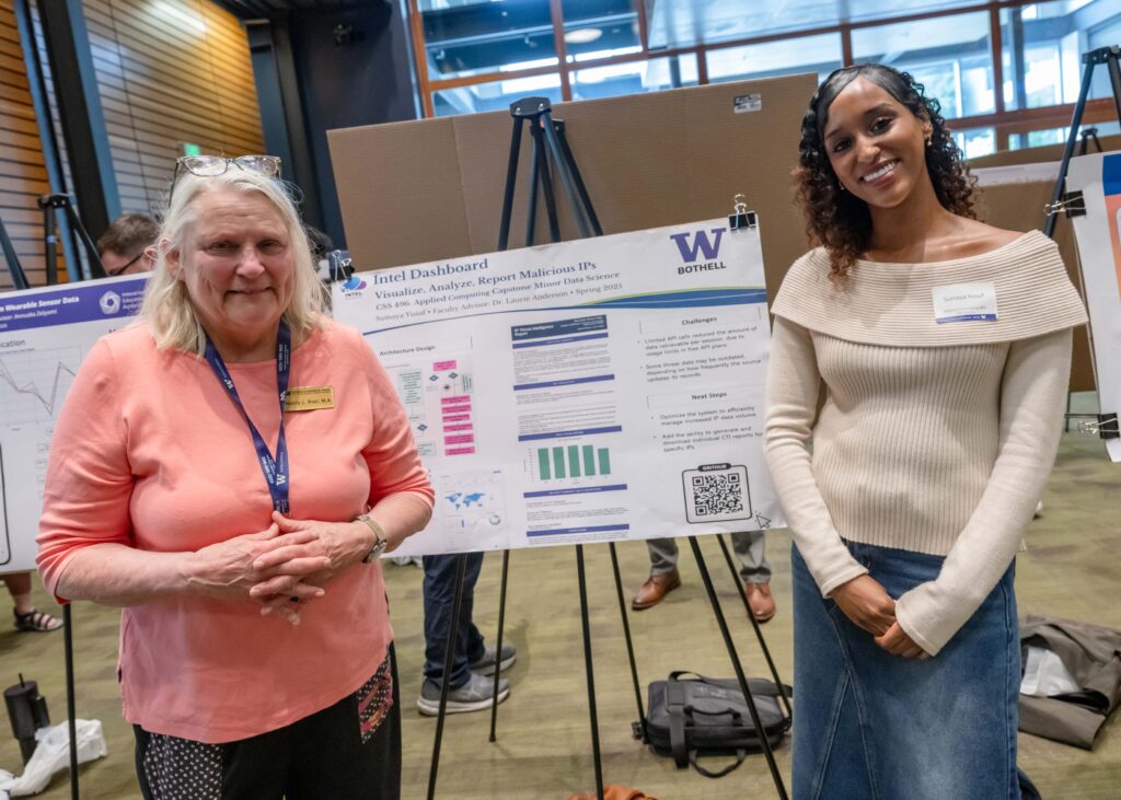 Faculty and a student presenter at their poster easel