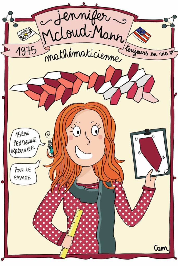 Illustration of McLoud-Mann holding a ruler in one hand and a paper diagram of a pentagon in the other. At the top of the image is her name, and “1975” and “toujours en vie, “translated to “still alive”. “15 ème pentagone irrègulier” (translated to “15th irregular pentagon”) and “pour le pavage” (roughly translated to “for paving”) are written next to the illustration.