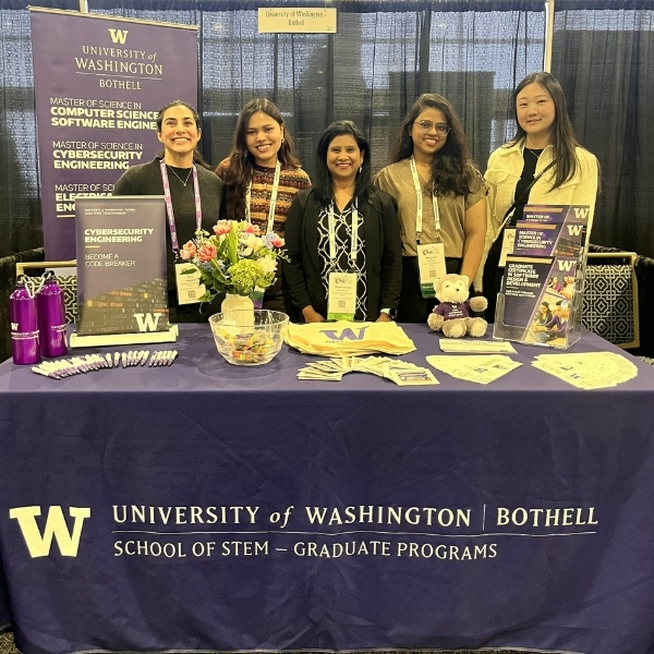 Students, staff and faculty standing at the purple UW Bothell booth at WiCyS 2026, which displays signs and swag promoting UW Bothell School of STEM graduate programs.