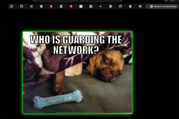 A photo of a dog sleeping under a blanket, with a bone next to it. The top of the photo reads “WHO IS GUARDING THE NETWORK?” This photo is in the middle of a desktop display with app symbols at the top and a “System Compromised” label in the top right corner.