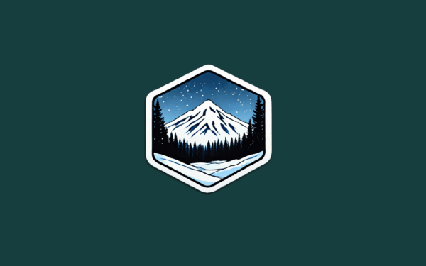 sticker with a mountain in the background, forest in the foreground, and starry sky on a dark teal background