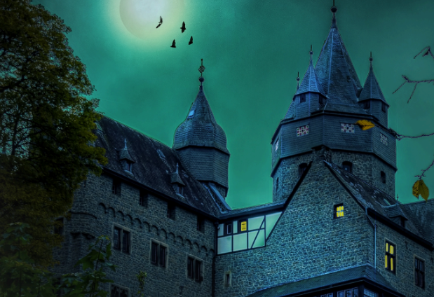 Building with spooky background