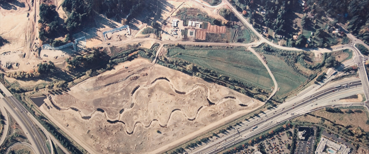 Aerial view of wetland restoration and campus construction
