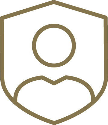 Line illustration of a human avatar inside a shield-shaped border.
