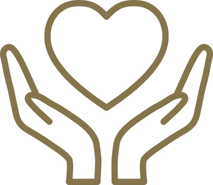 Line illustration of hands holding a heart.
