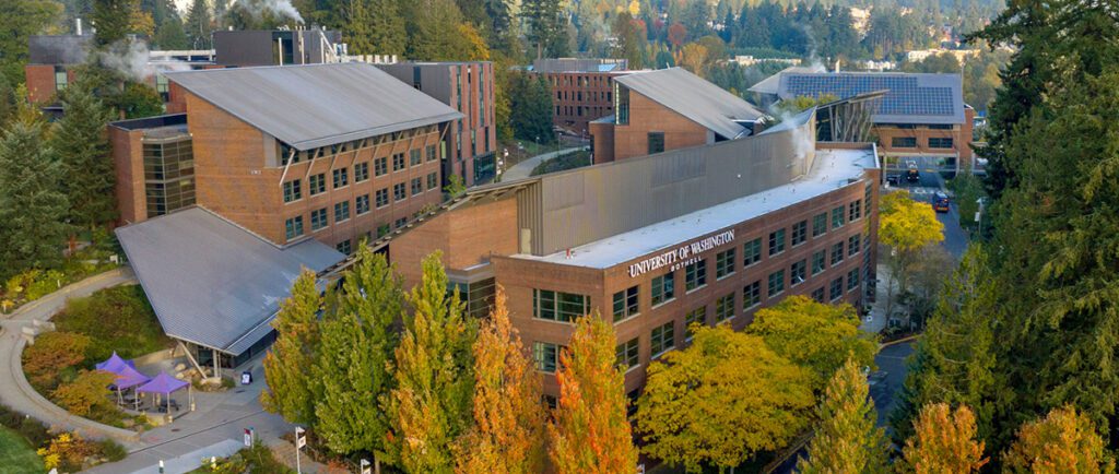 Aerial view of the UW Bothell campus's brick buildings.