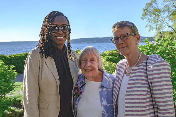Group photo of School of Nursing and Health Studies dean Vanessa Lopez-Littleton, Anne Loustau and Chancellor Esterberg.