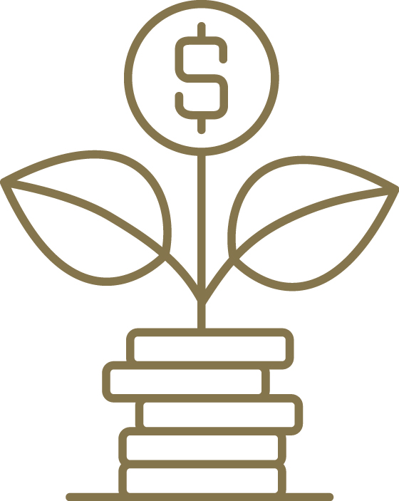 Line illustration of leaves and a dollar sign growing out of books.