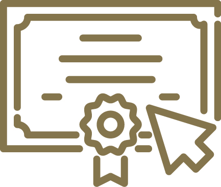 Line illustration of a certificate with a ribbon and a cursor arrow.