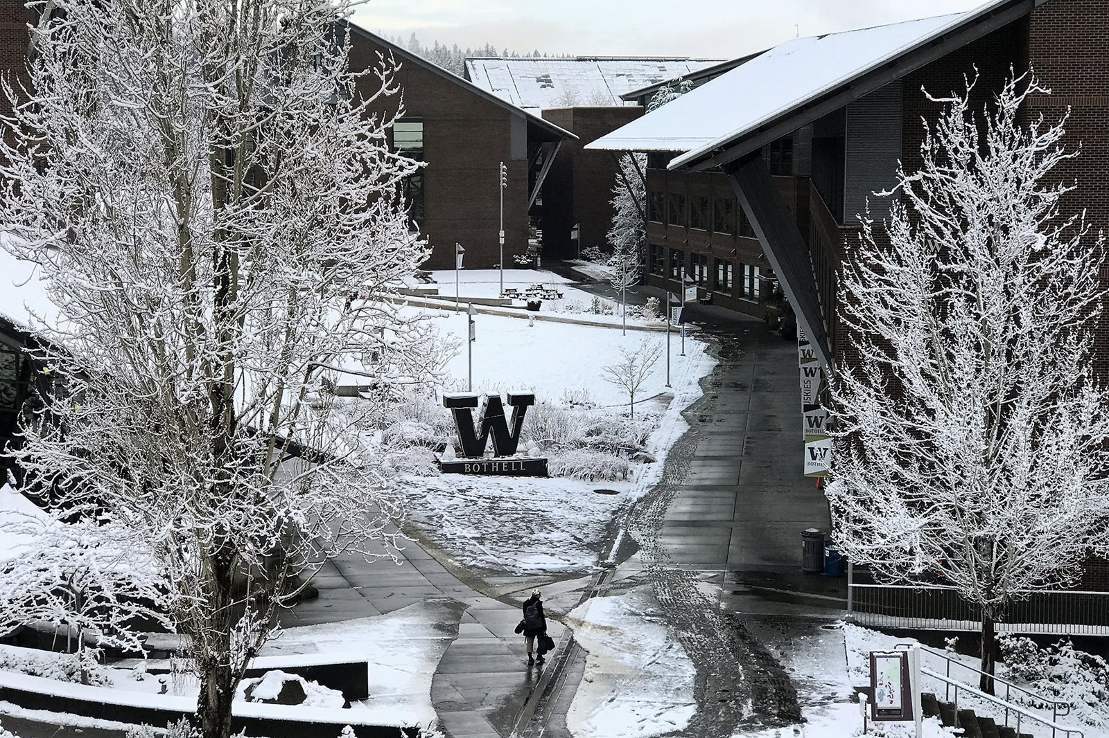 Ariel shot of campus covered in snow