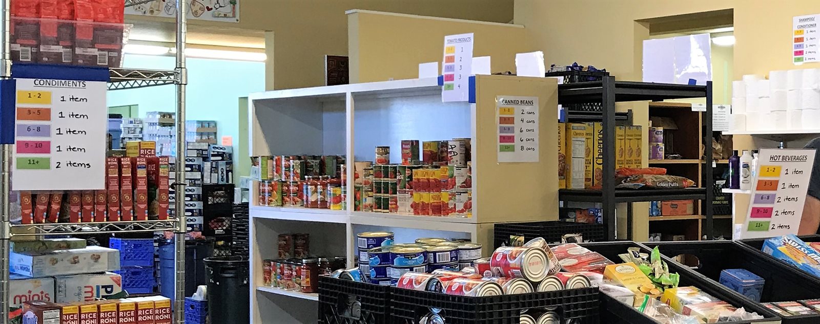 Food bank shelves and posted charts.