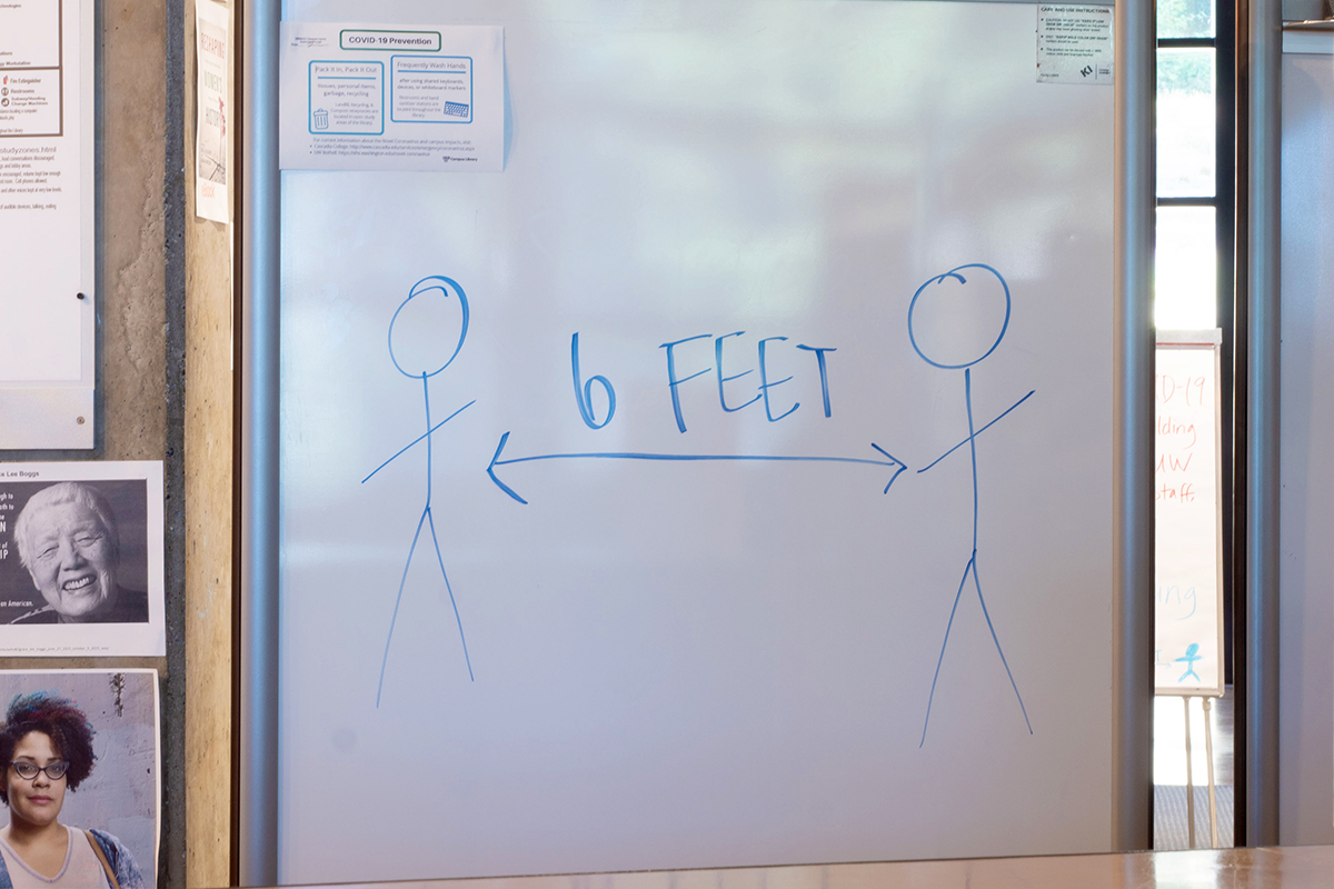 Whiteboard with two stick figures and 6 feet apart written between them