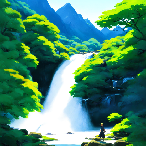 Digital art of a hiker standing at the base of a waterfall surrounded by trees and mountains.