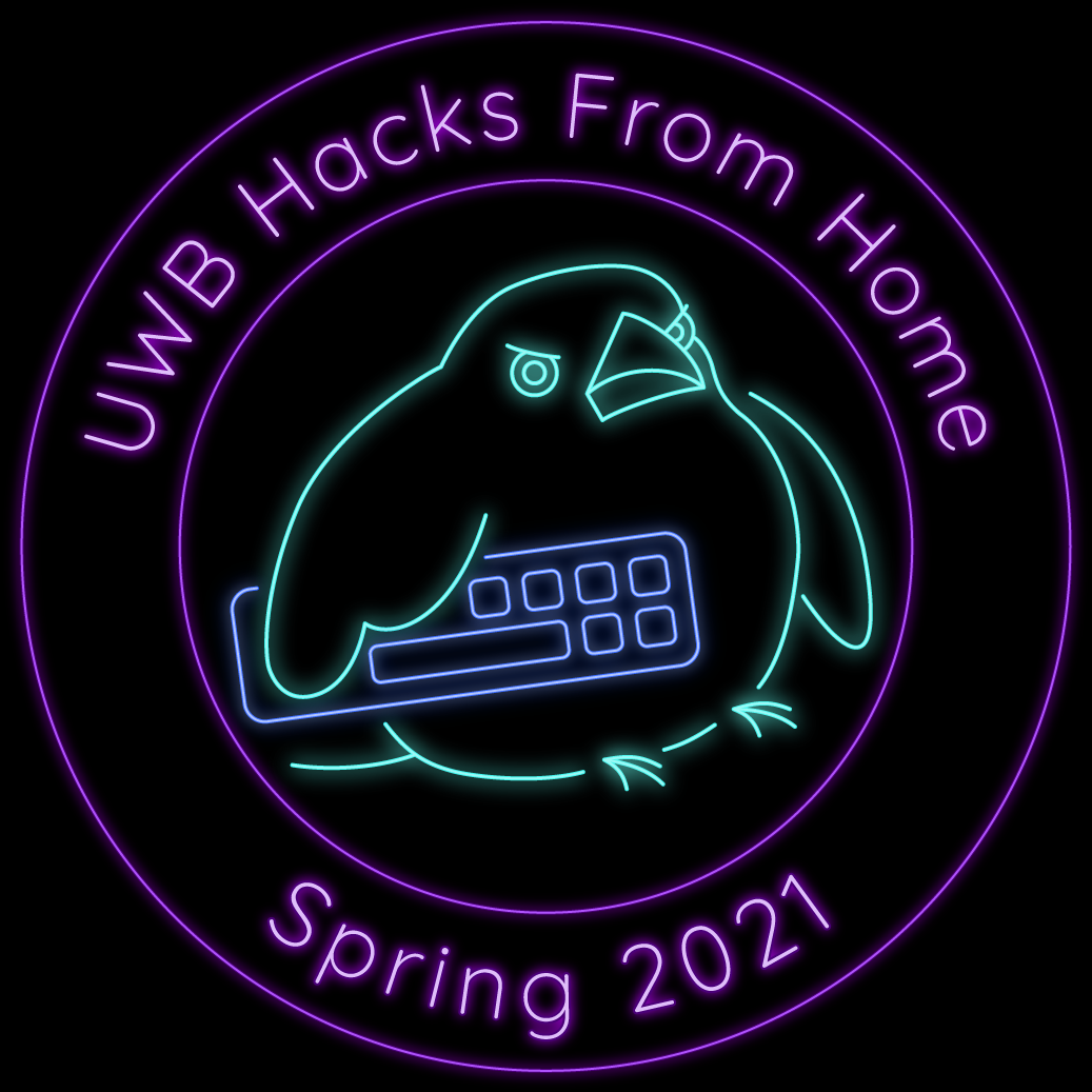 Circular Hackathon emblem in neon purple. Neon team crow in middle of circle holding neon blue keyboard