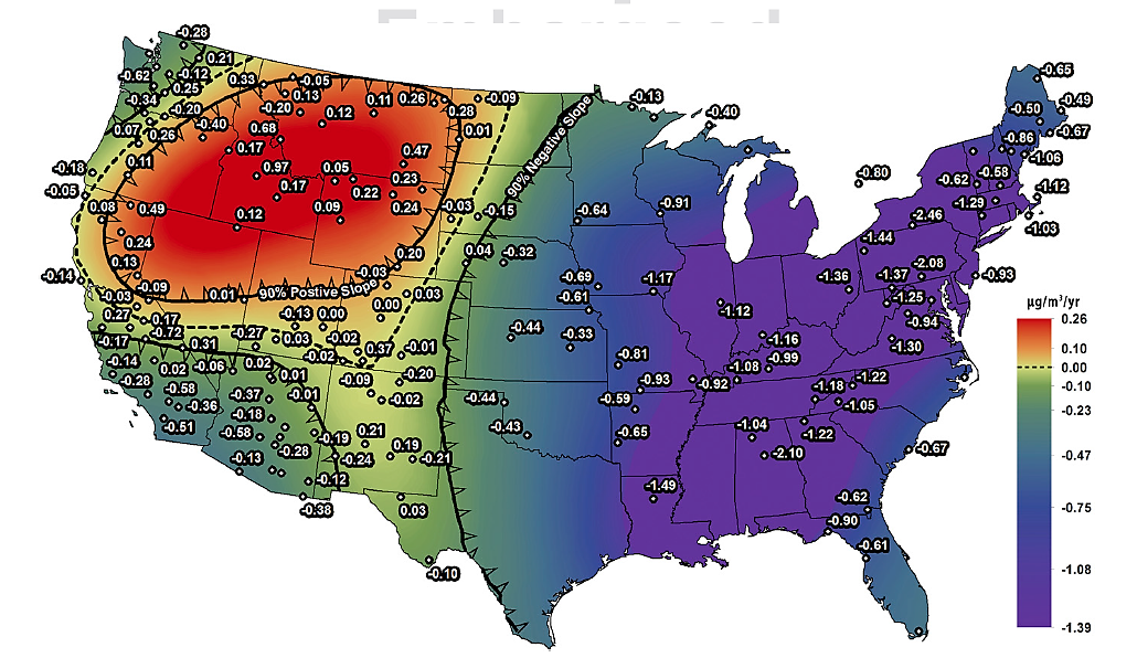 Map showing Northwest pollution trend in red