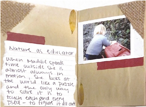 Photo of a collage with a picture of a child with a backpack and a note that describes the artist's child's interactions with nature.
