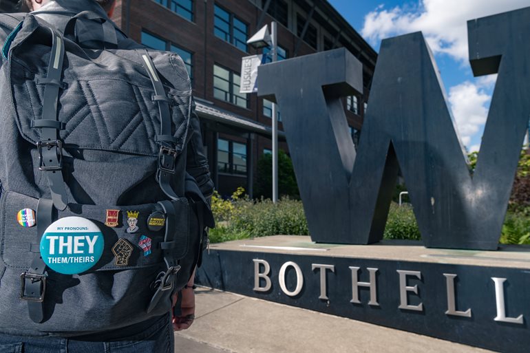 backpack with they/them buttons 