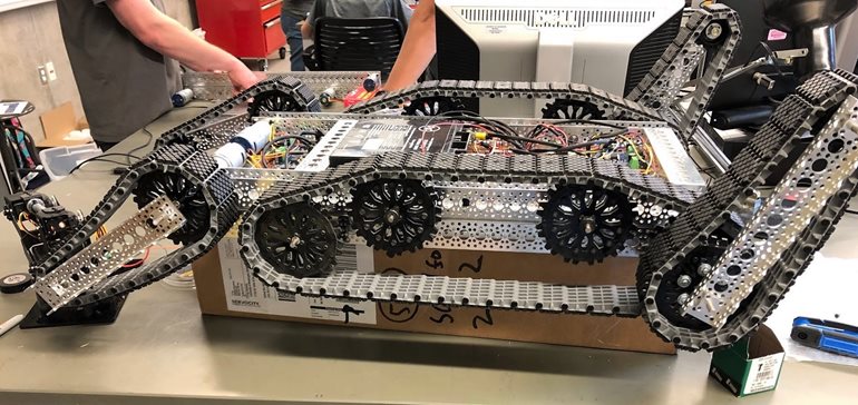 Close-up of rover in mechanical engineering lab.