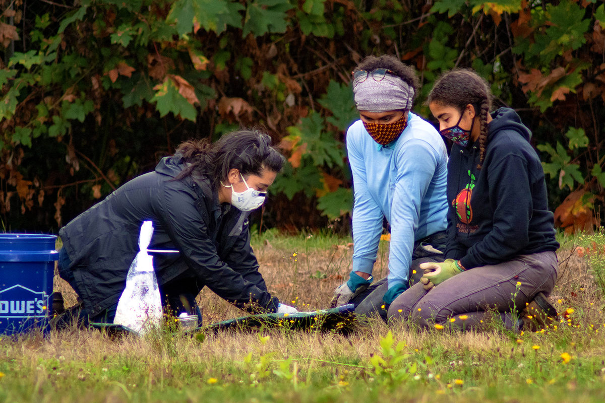 3 students work together in the field