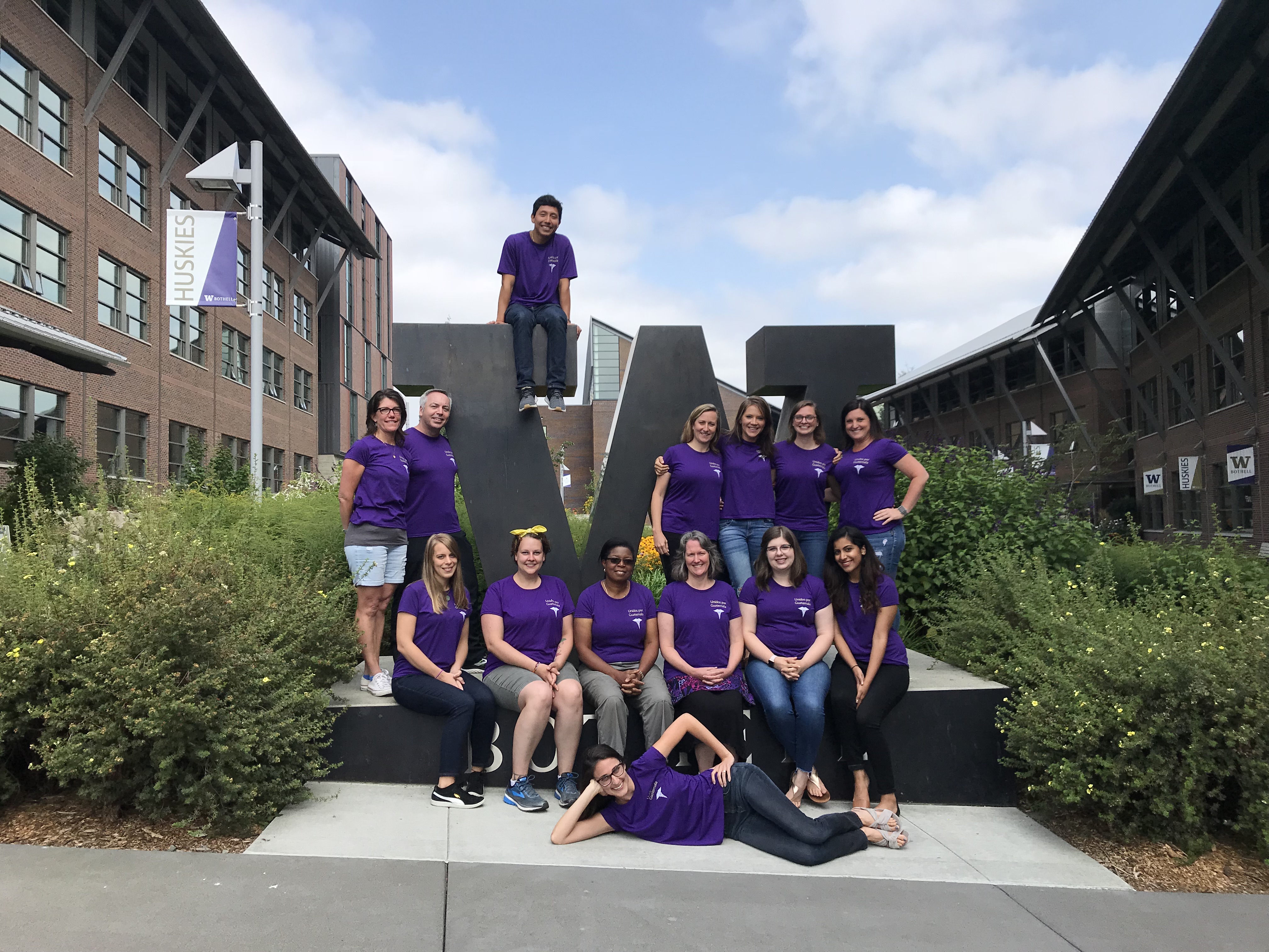Team Guatemala returned from a study abroad trip in Summer 2018 to pose in front of the UW Bothell "W" Sign on campus.