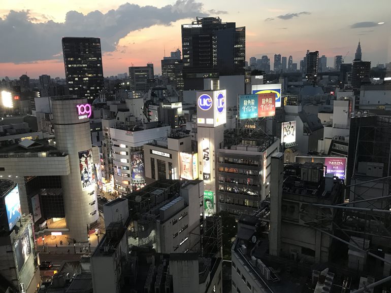 The famous shibuya scramble crossing seen from Goldstein's hotel room on his last night in Japan.